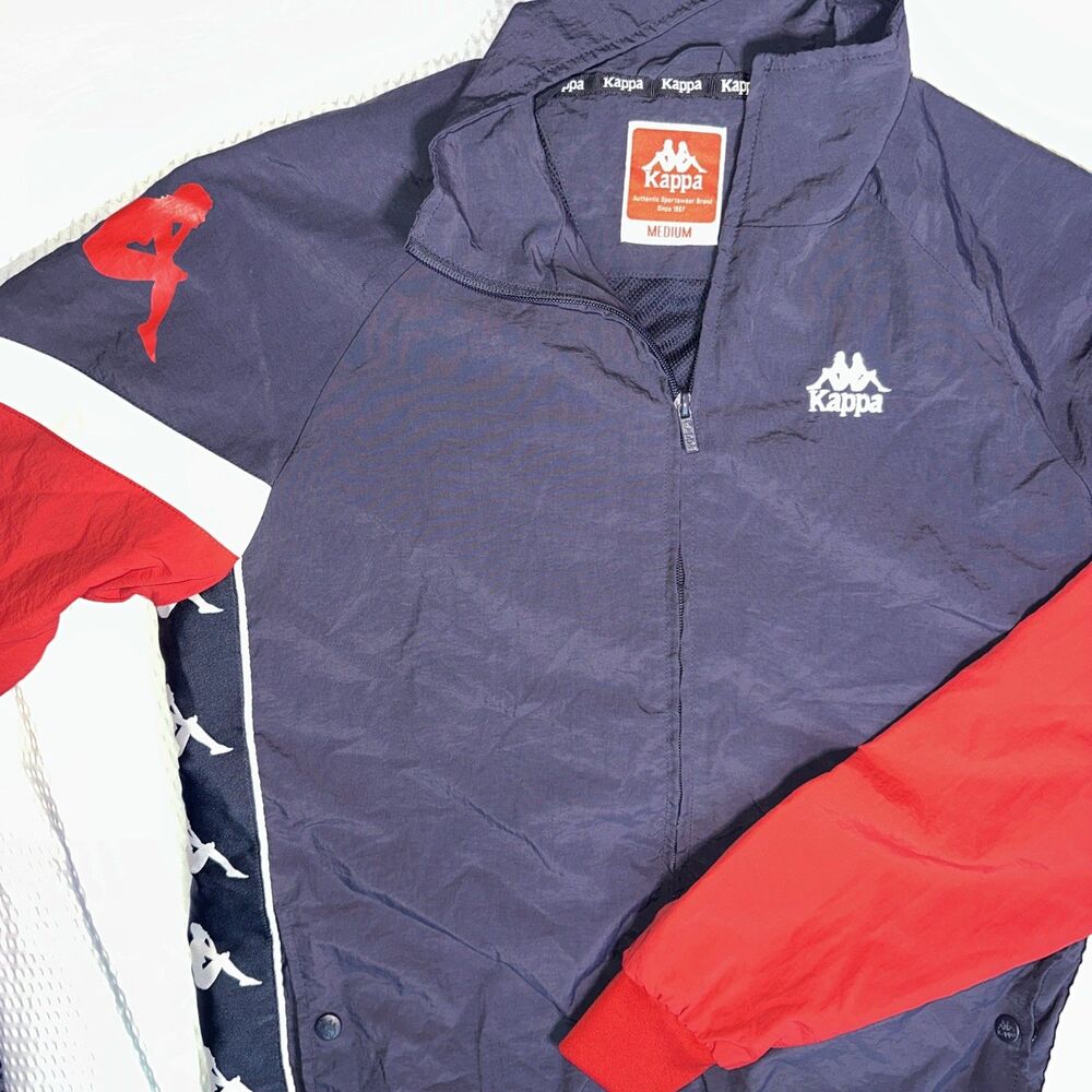 Kappa Men Full Zip Track Jacket Navy Red Logo Tape Athletic Windbreaker Size M